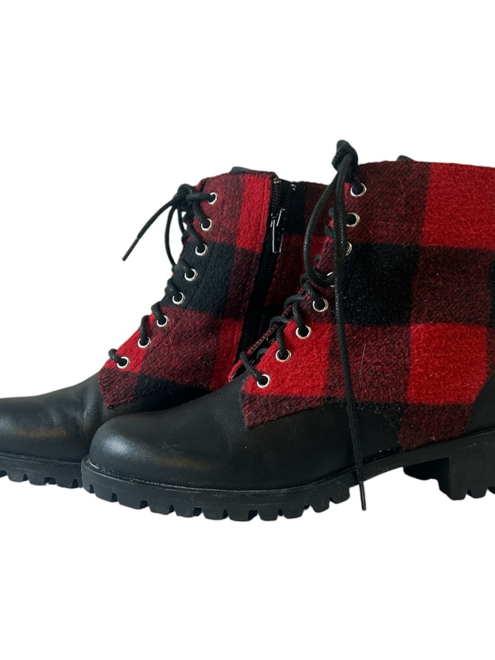 Plaid Lace-Up Ankle Boots in Red and Black - Women